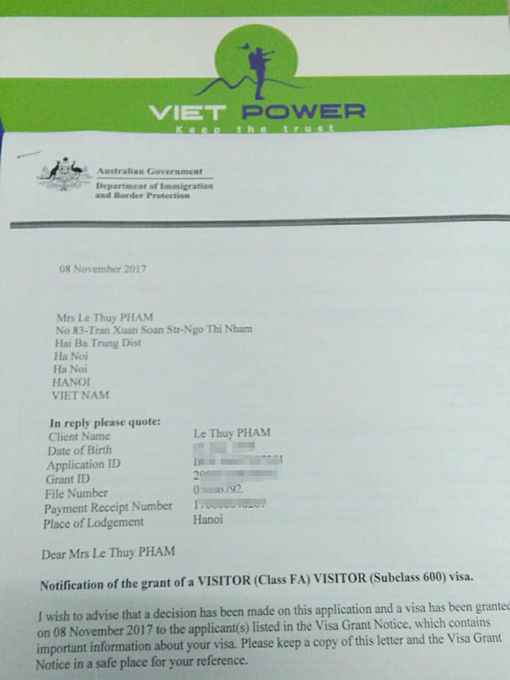 Chúc mừng visa Phạp Lệ Thủy